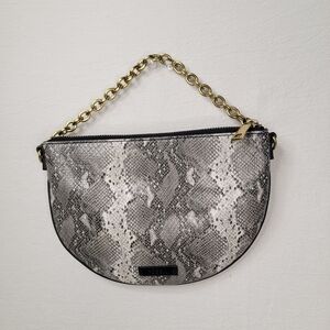 Fossil Gray Snakeskin Print Half Moon Clutch Bag Shoulder Purse Gold Chain MCM